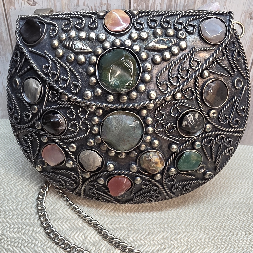 Vintage Sajai Metal Purse with Multicolor Stones and Silver Tone Chain Strap.